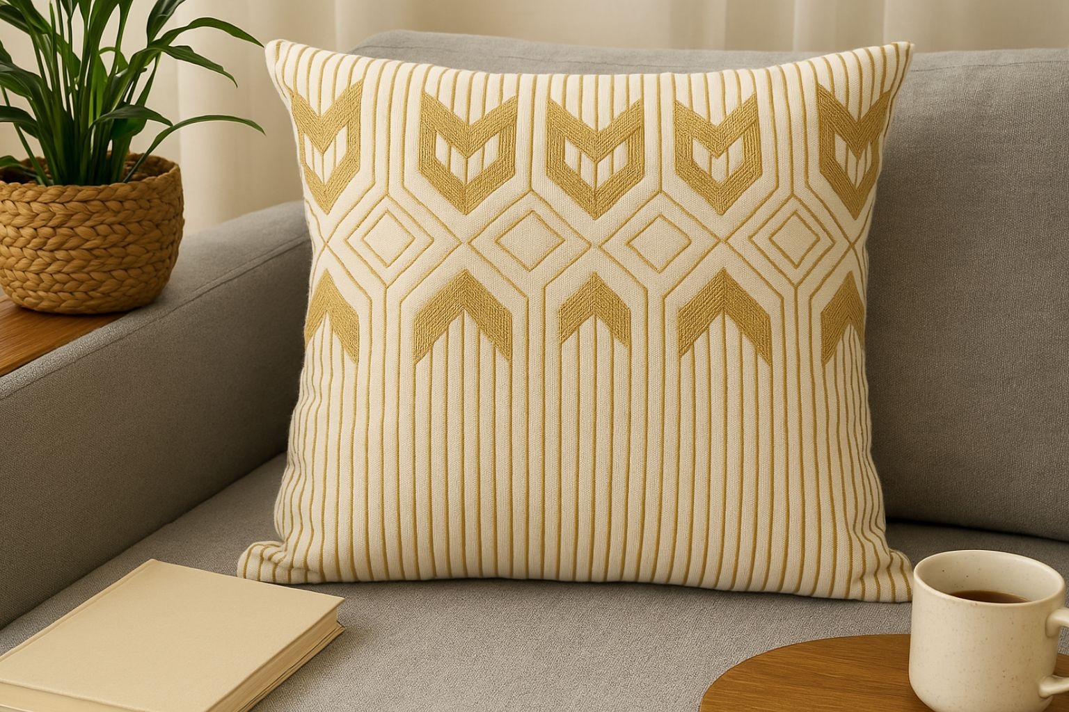 Pernă decorativă, alb-auriu, 45 cm – rafinament și stil